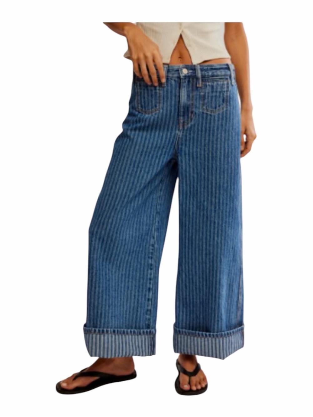 Free People Brette Cropped Wide Leg Jeans Size 25 Striped 100% Cotton Boho EUC